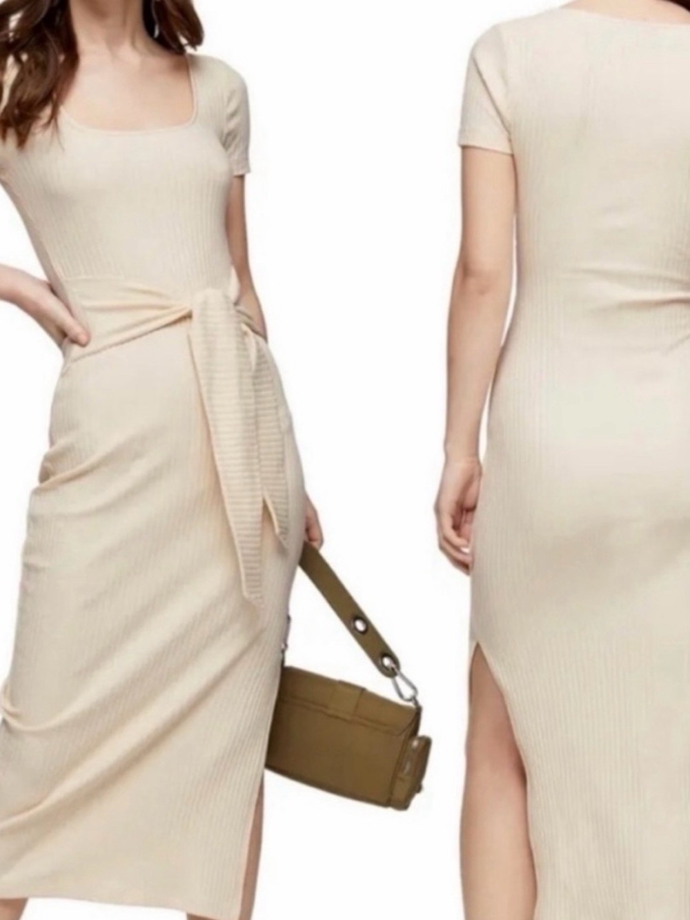 Topshop Cream Ribbed Short-Sleeve Midi Dress with Waist Tie